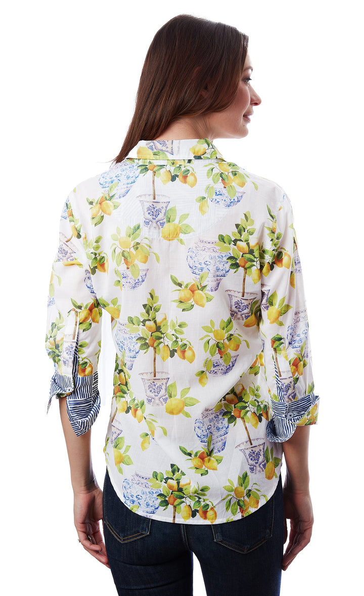 Dizzy-Lizzie Rome 3/4 Sleeve Shirt - Lemons And Chinoiserie available at Barbara Katz