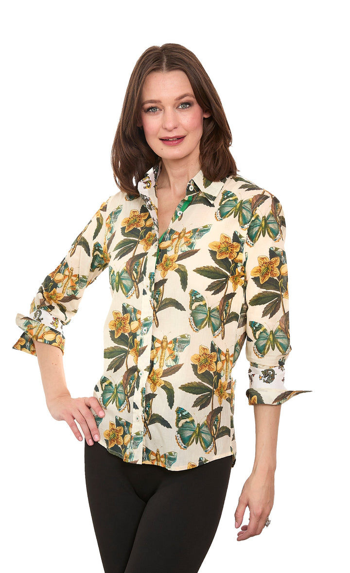 Dizzy-Lizzie Rome 3/4 Sleeve Shirt in Butterfly Print available at Barbara Katz