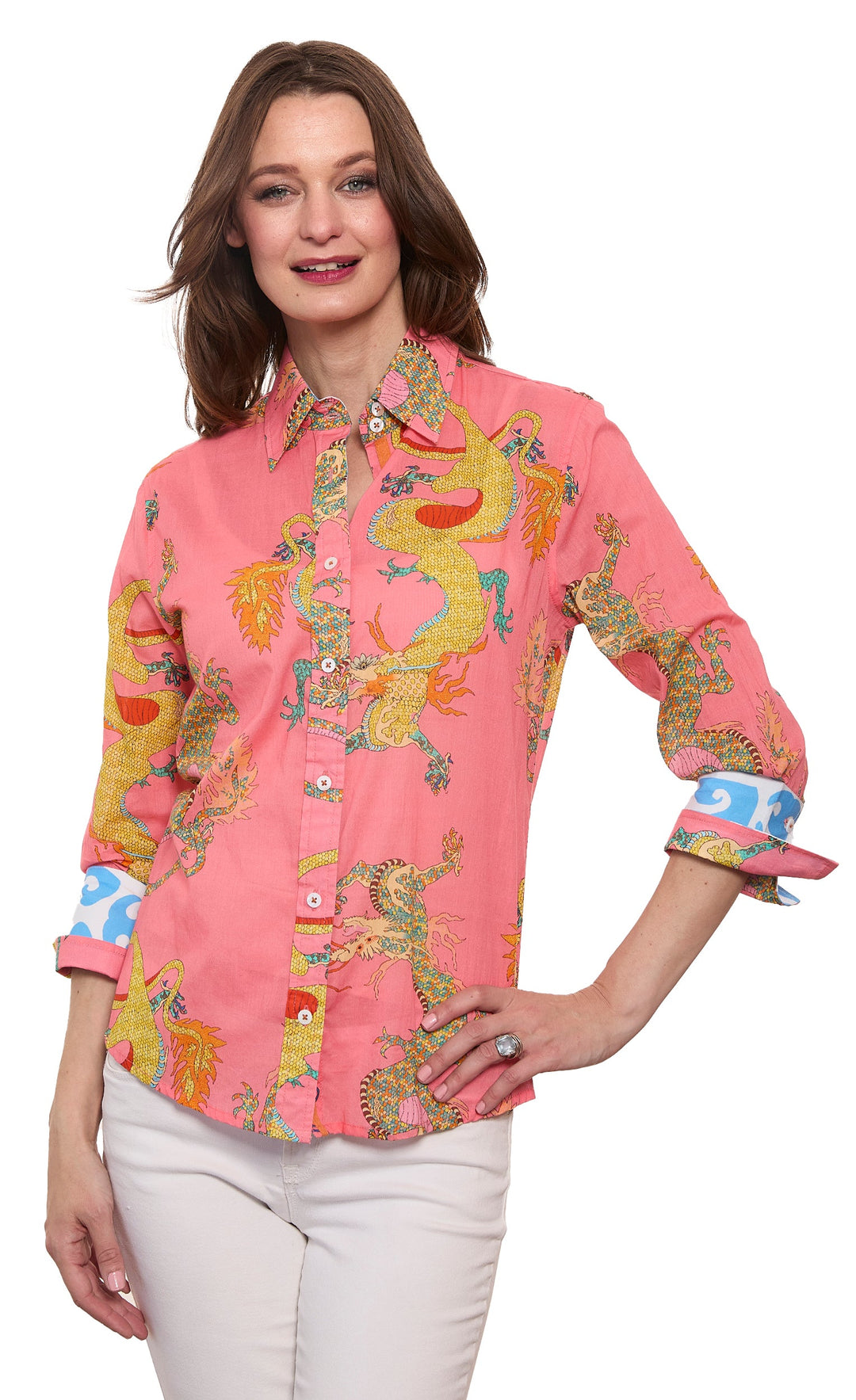 Dizzy-Lizzie Rome 3/4 Sleeve Shirt in Coral Dragon Print available at Barbara Katz