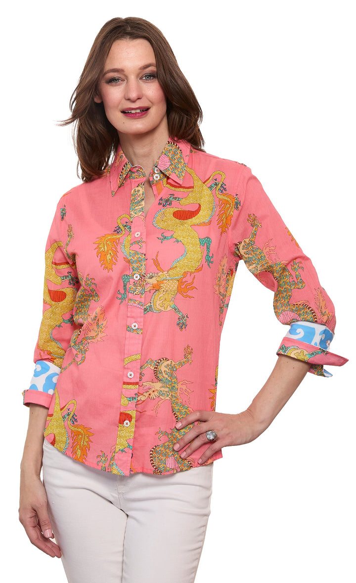 Dizzy-Lizzie Rome 3/4 Sleeve Shirt in Coral Dragon Print available at Barbara Katz
