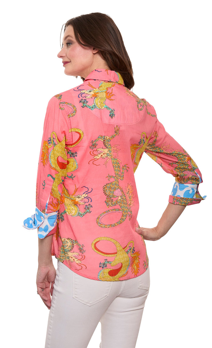 Dizzy-Lizzie Rome 3/4 Sleeve Shirt in Coral Dragon Print available at Barbara Katz