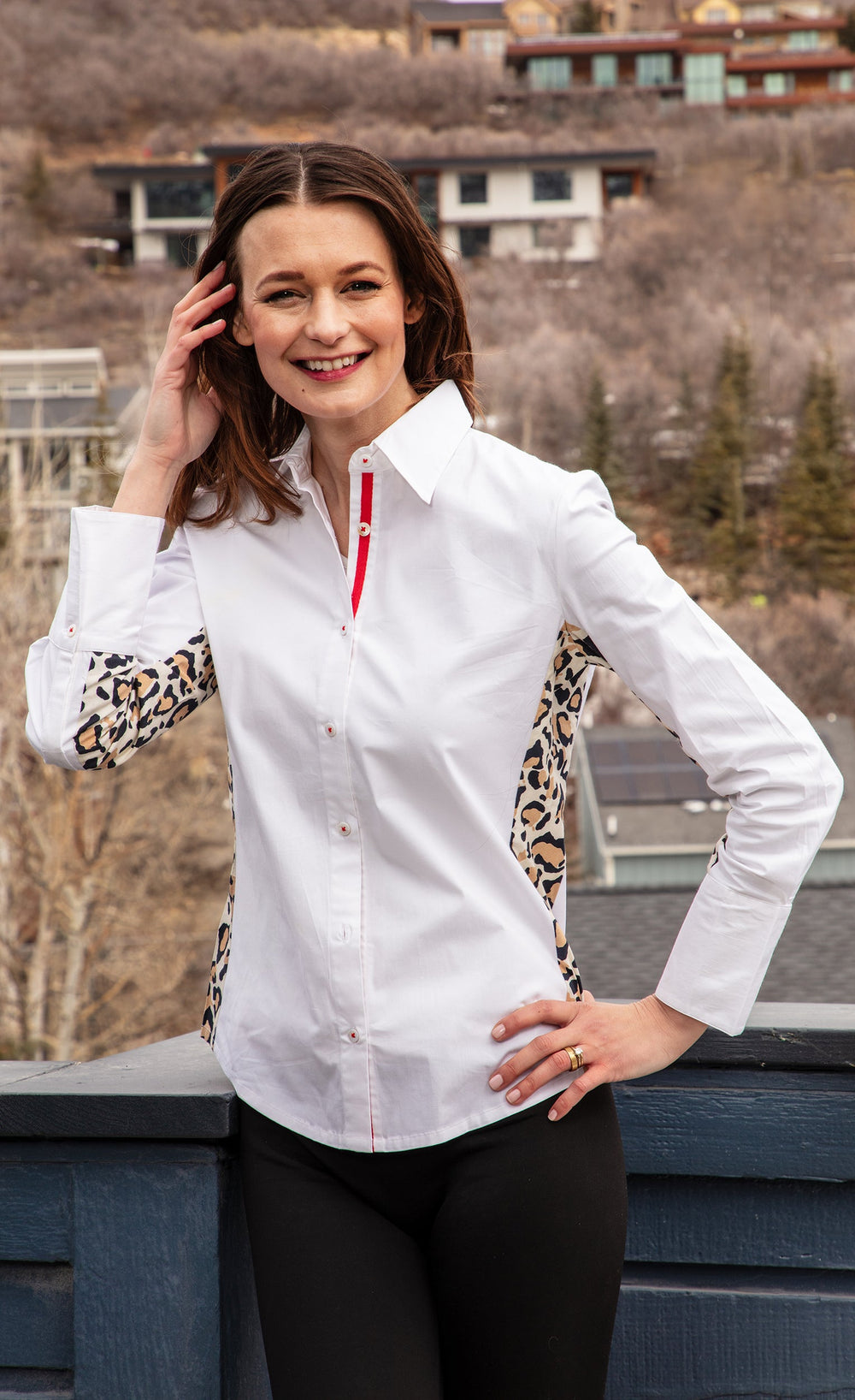 Dizzy-Lizzie White Shirt with Leopard Inserts available at Barbara Katz