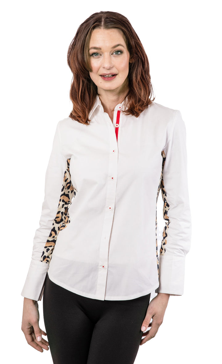 Dizzy-Lizzie White Shirt with Leopard Inserts available at Barbara Katz