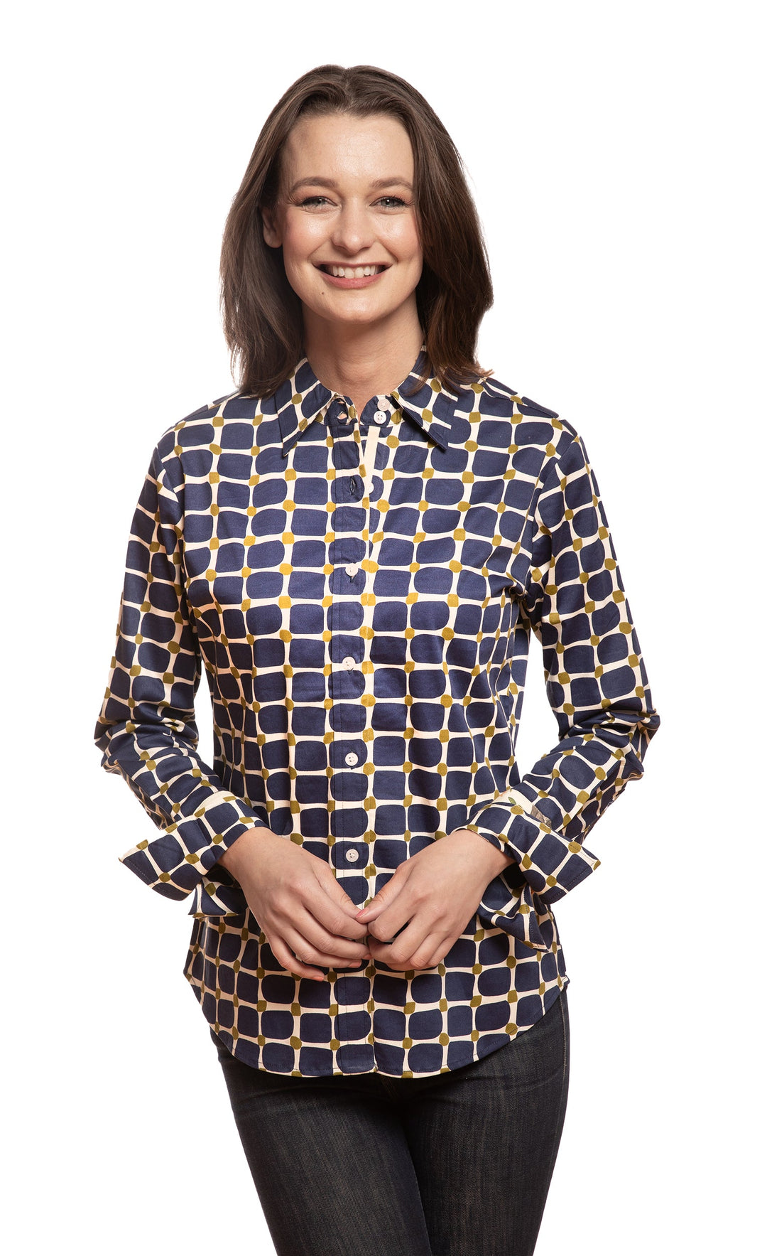 Dizzy-Lizzie Rome Long Sleeve Shirt - Navy Olive Grid Print available at Barbara Katz
