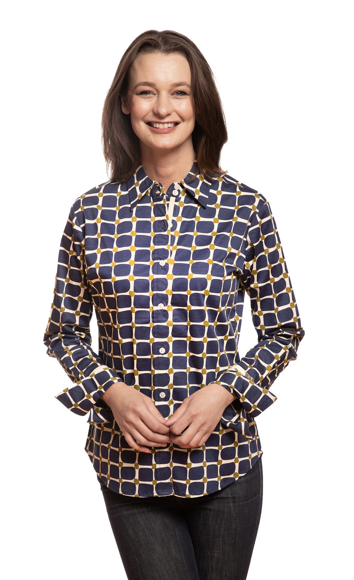 Dizzy-Lizzie Rome Long Sleeve Shirt - Navy Olive Grid Print available at Barbara Katz