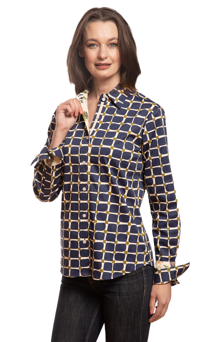 Dizzy-Lizzie Rome Long Sleeve Shirt - Navy Olive Grid Print available at Barbara Katz