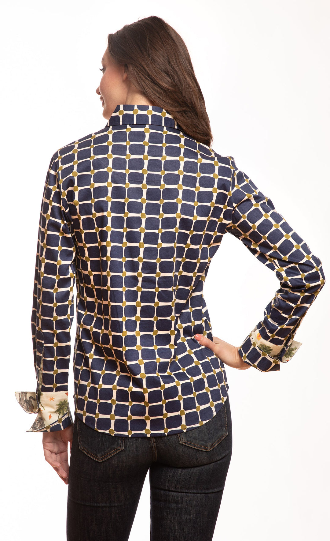 Dizzy-Lizzie Rome Long Sleeve Shirt - Navy Olive Grid Print available at Barbara Katz