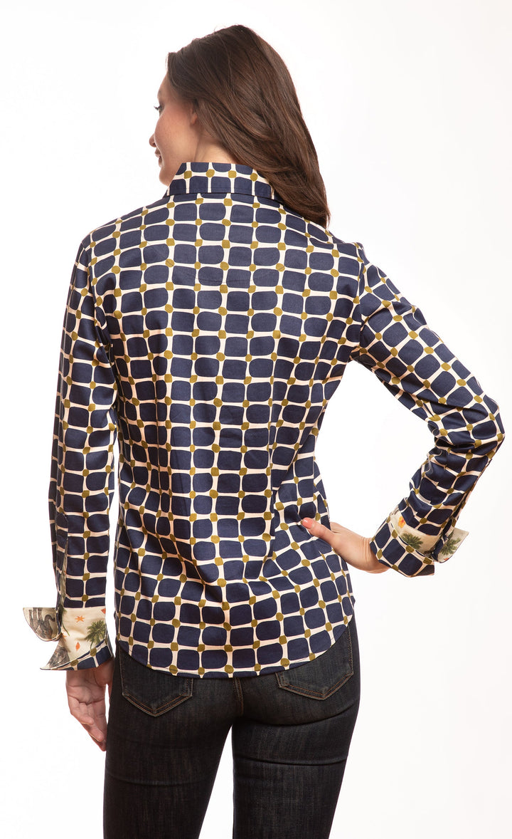 Dizzy-Lizzie Rome Long Sleeve Shirt - Navy Olive Grid Print available at Barbara Katz