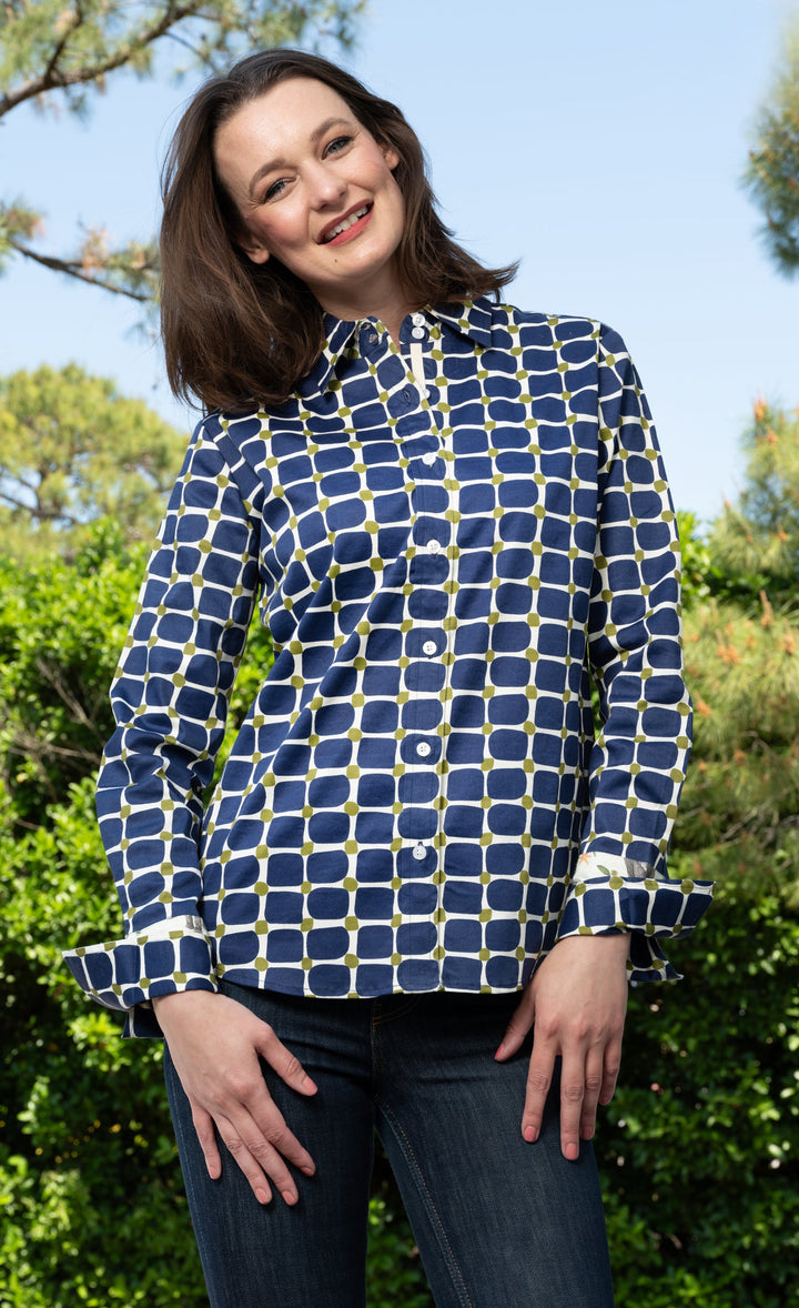 Dizzy-Lizzie Rome Long Sleeve Shirt - Navy Olive Grid Print available at Barbara Katz