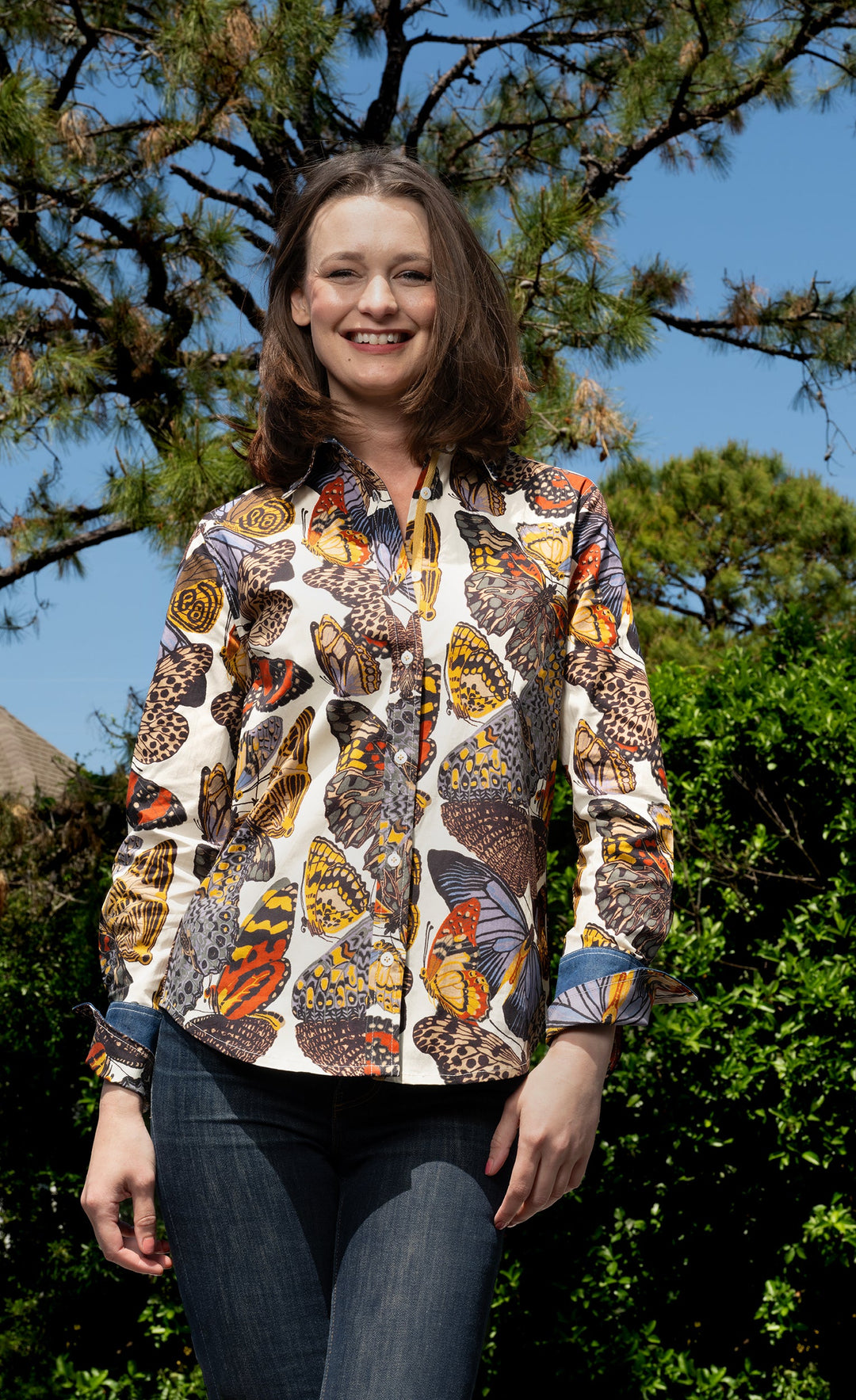 Dizzy-Lizzie Rome Long Sleeve Shirt in White Ground Butterfly Print availa le at Barbara Katz