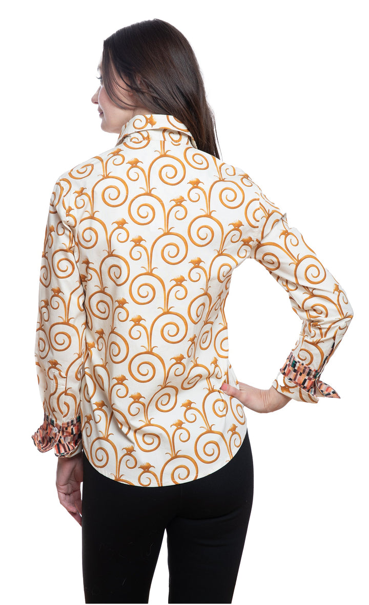 Dizzy-Lizzie Rome Long Sleeve Shirt - Gold and White Swirl Print available at Barbara Katz