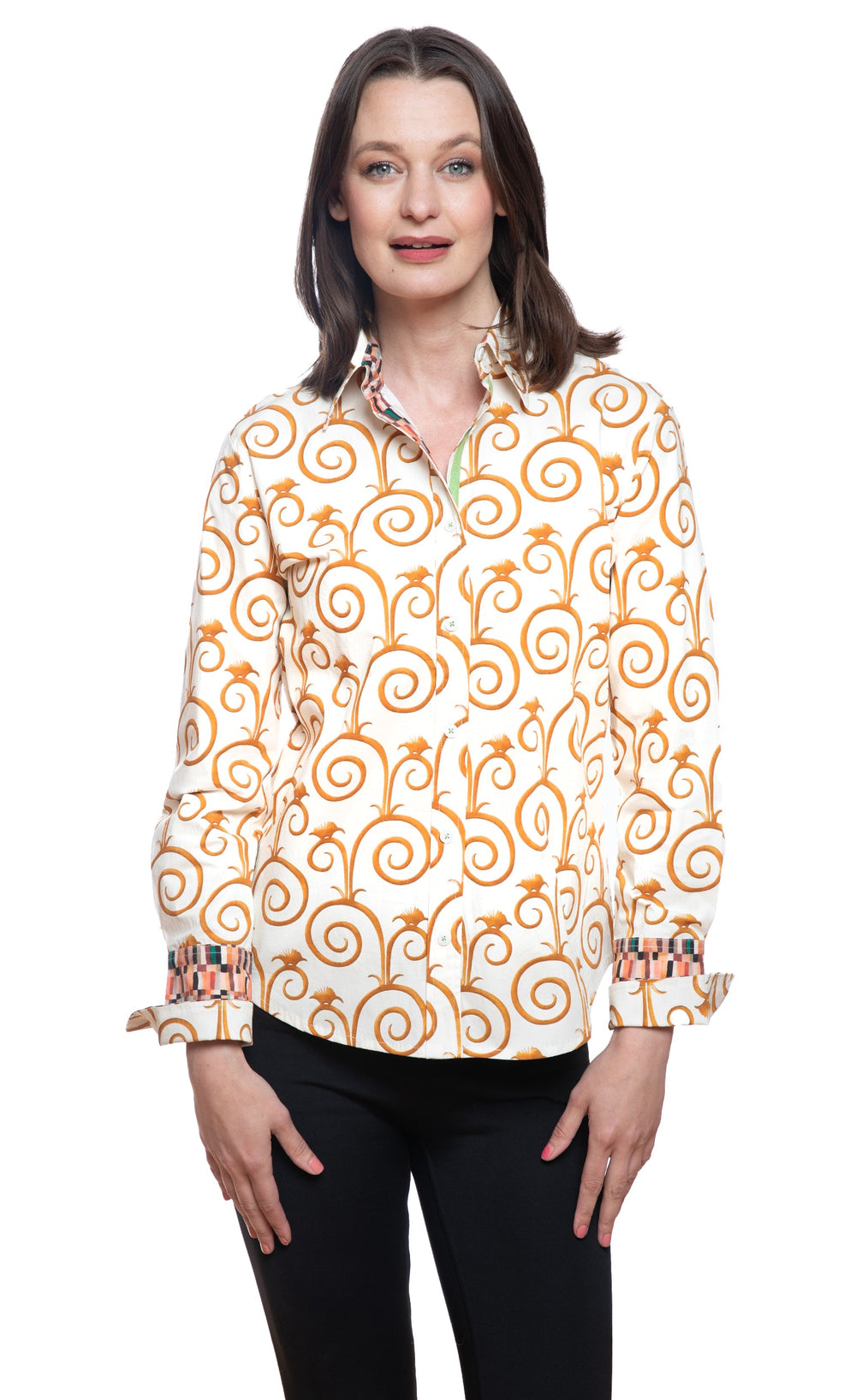 Dizzy-Lizzie Rome Long Sleeve Shirt - Gold and White Swirl Print available at Barbara Katz