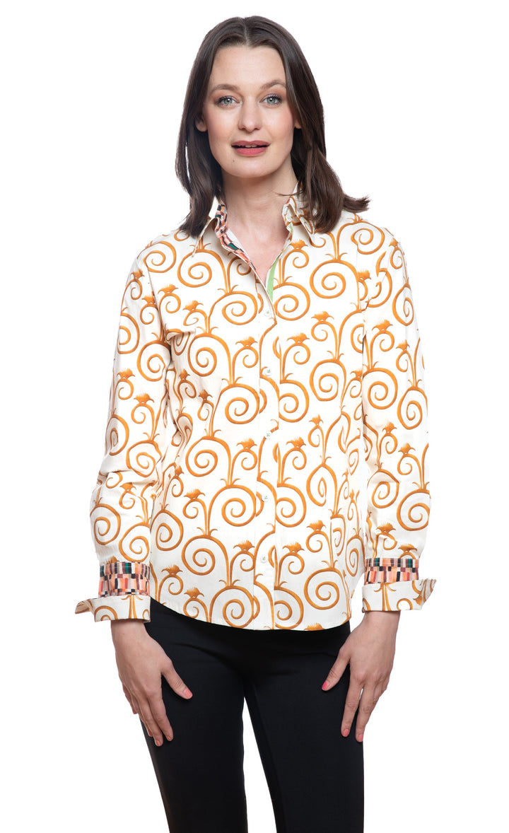 Dizzy-Lizzie Rome Long Sleeve Shirt - Gold and White Swirl Print available at Barbara Katz