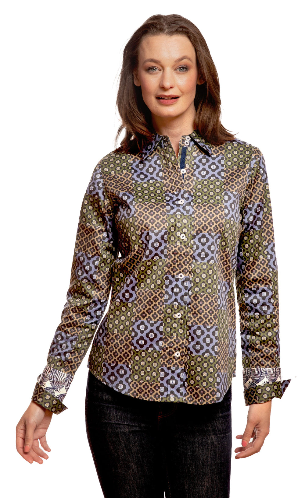 Dizzy-Lizzie Rome Long Sleeve Shirt in Navy Patchwork Foulard Print available at Barbara Katz
