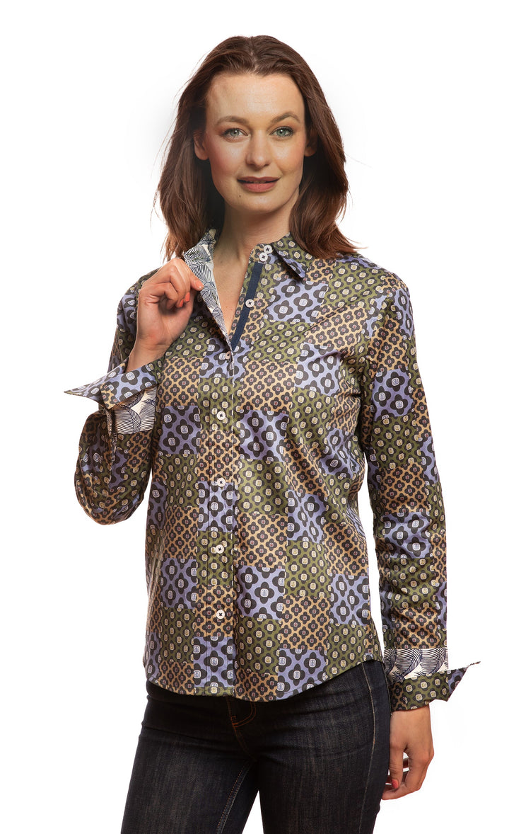 Dizzy-Lizzie Rome Long Sleeve Shirt in Navy Patchwork Foulard Print available at Barbara Katz