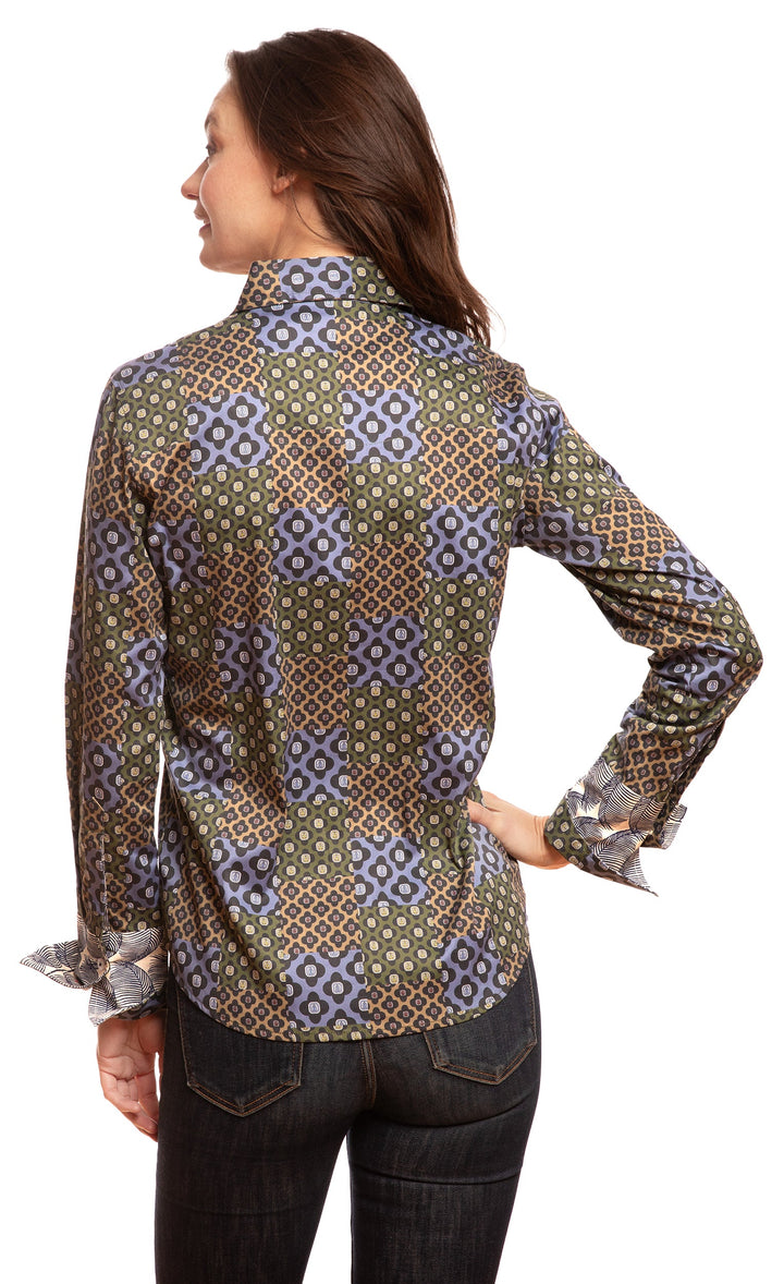 Dizzy-Lizzie Rome Long Sleeve Shirt in Navy Patchwork Foulard Print available at Barbara Katz
