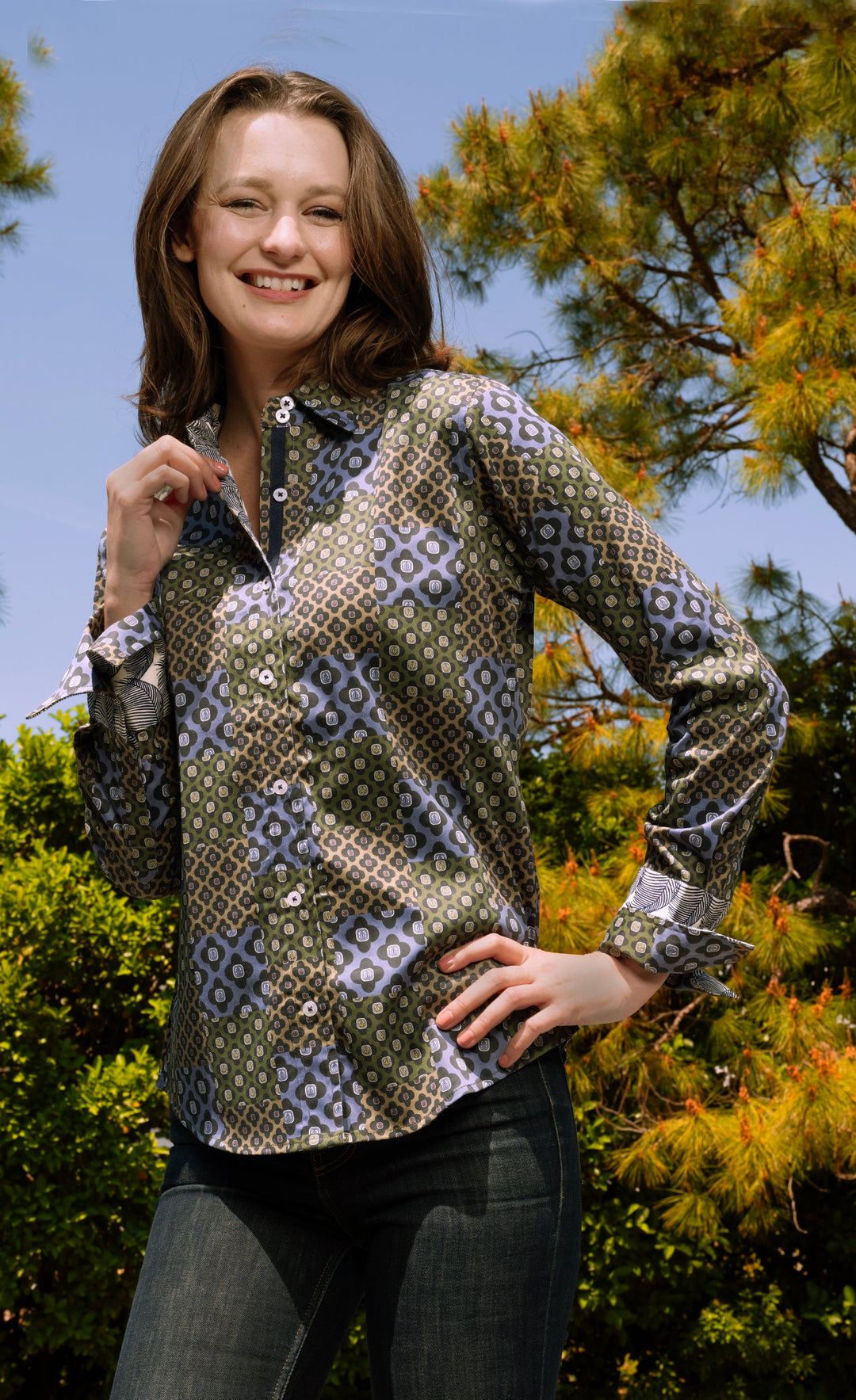 Dizzy-Lizzie Rome Long Sleeve Shirt in Navy Patchwork Foulard Print available at Barbara Katz