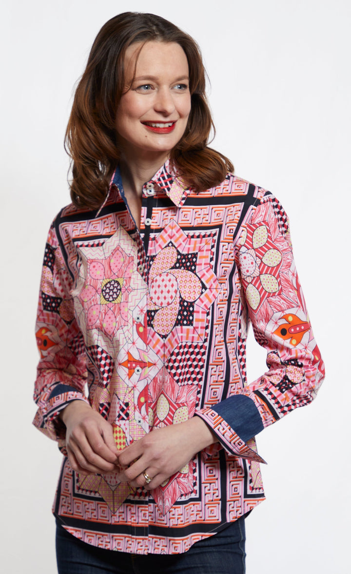 Dizzy-Lizzie Rome Long Sleeve Shirt - Pink Black Maze Print available at Barbara Katz