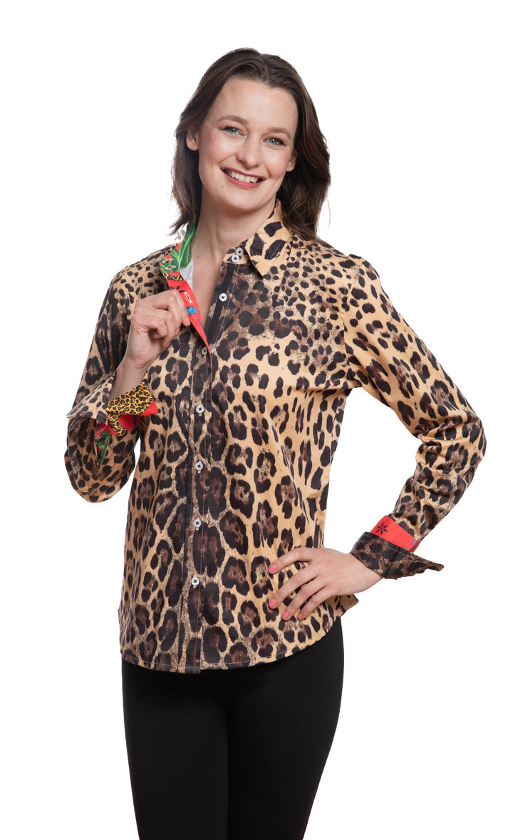 Dizzy-Lizzie Rome Long Sleeve Shirt in Cheetah Print with Red Cuff available at Barbara Katz