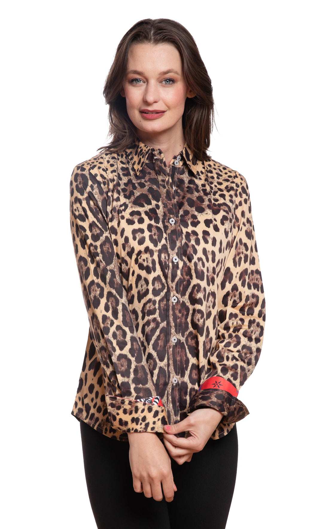 Dizzy-Lizzie Rome Long Sleeve Shirt in Cheetah Print with Red Cuff available at Barbara Katz