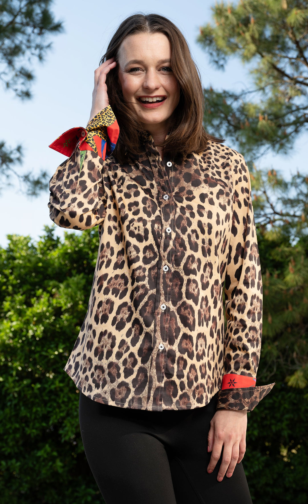 Dizzy-Lizzie Rome Long Sleeve Shirt in Cheetah Print with Red Cuff available at Barbara Katz