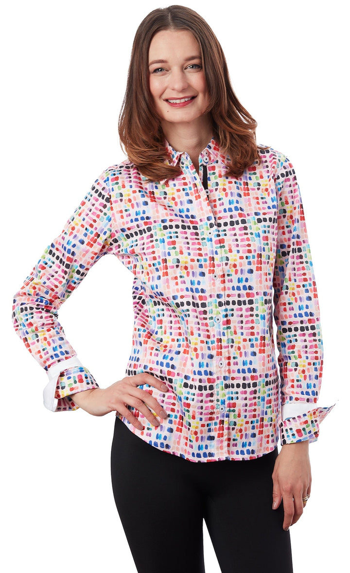 Dizzy-Lizzie Rome Long Sleeve Shirt - Confetti Print Pink available at Barbara Katz