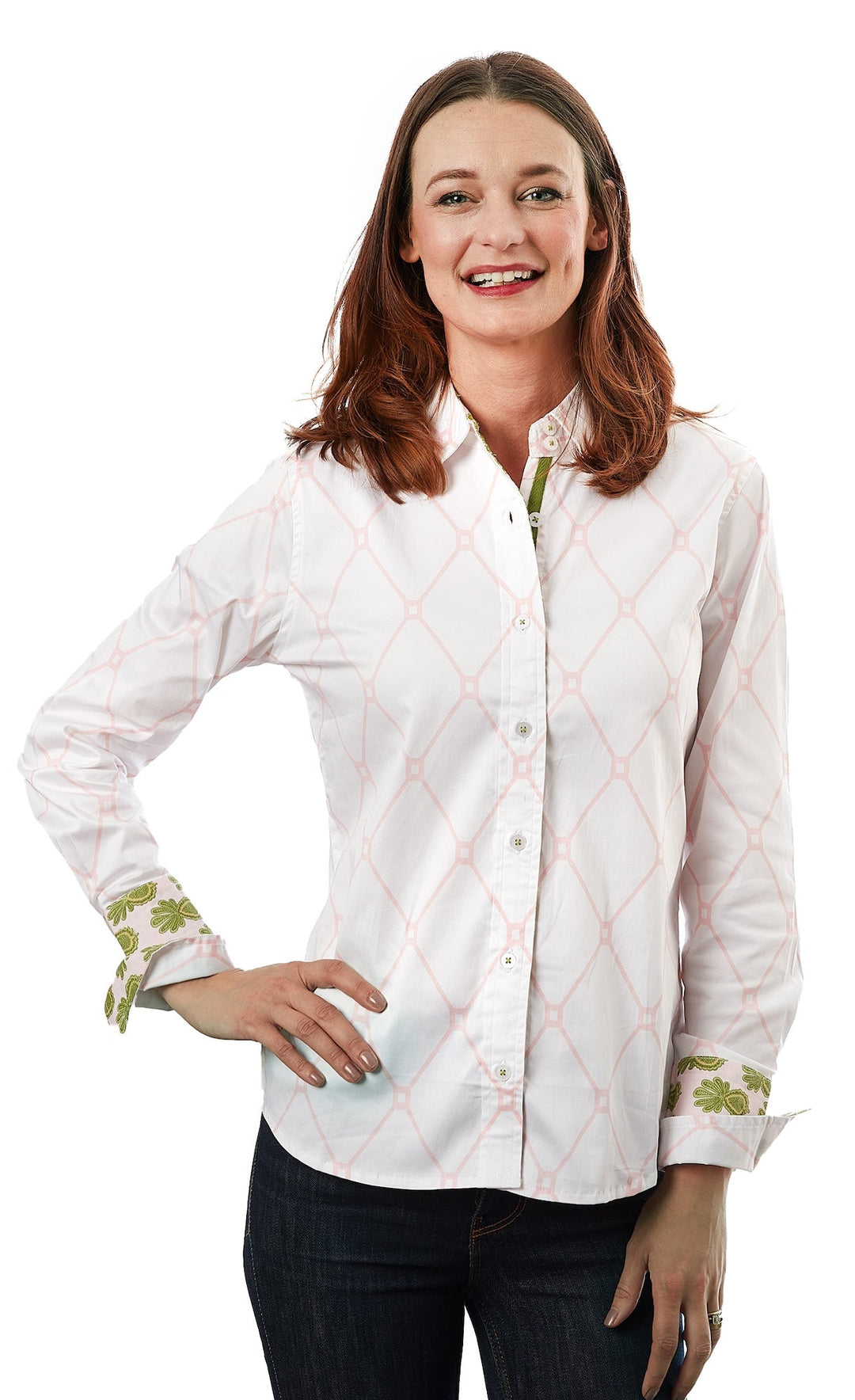 Dizzy-Lizzie Rome Long Sleeve Shirt - Pink White V Geometric available at Barbara Katz