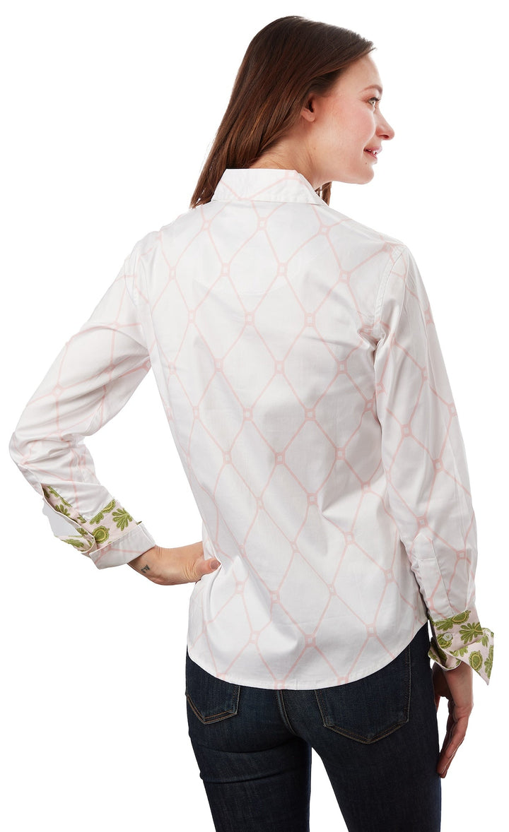 Dizzy-Lizzie Rome Long Sleeve Shirt - Pink White V Geometric available at Barbara Katz