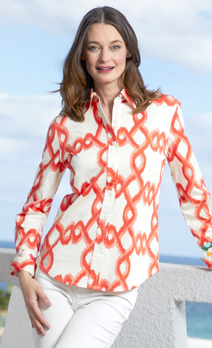 Dizzy-Lizzie Rome Long Sleeve Shirt - Orange White Flame Stitch available at Barbara Katz
