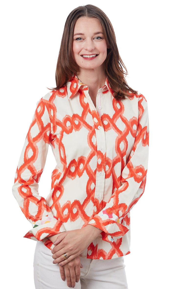 Dizzy-Lizzie Rome Long Sleeve Shirt - Orange White Flame Stitch available at Barbara Katz