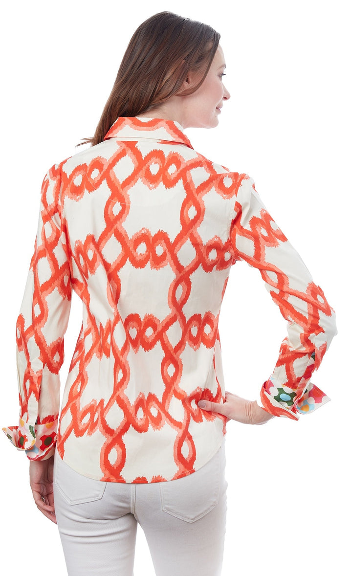 Dizzy-Lizzie Rome Long Sleeve Shirt - Orange White Flame Stitch available at Barbara Katz