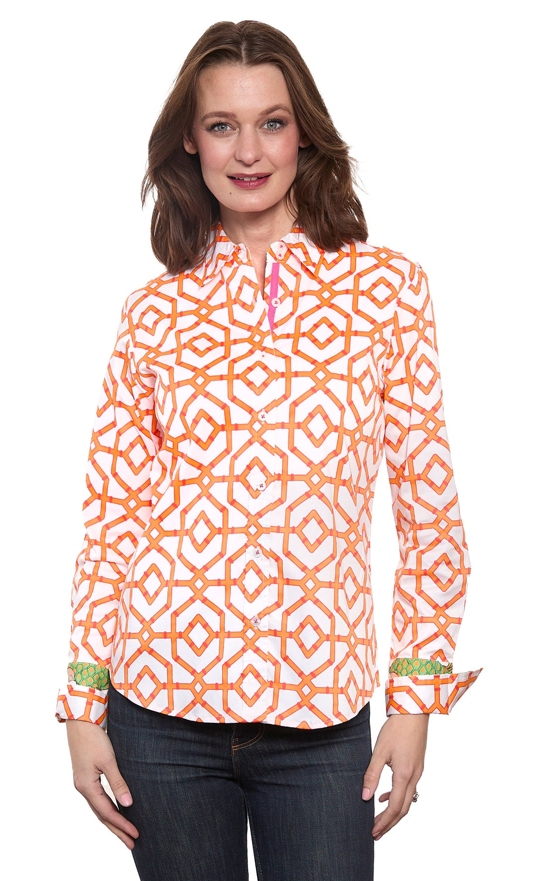 Dizzy-Lizzie Rome Long Sleeve Shirt in Orange White Geo available at Barbara Katz