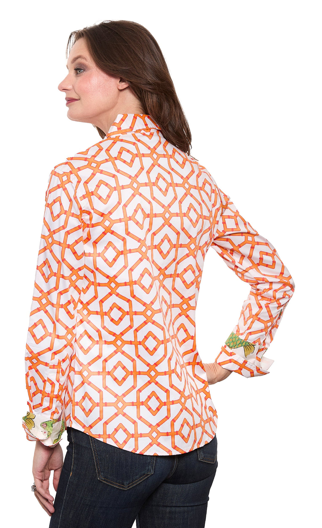 Dizzy-Lizzie Rome Long Sleeve Shirt in Orange White Geo available at Barbara Katz