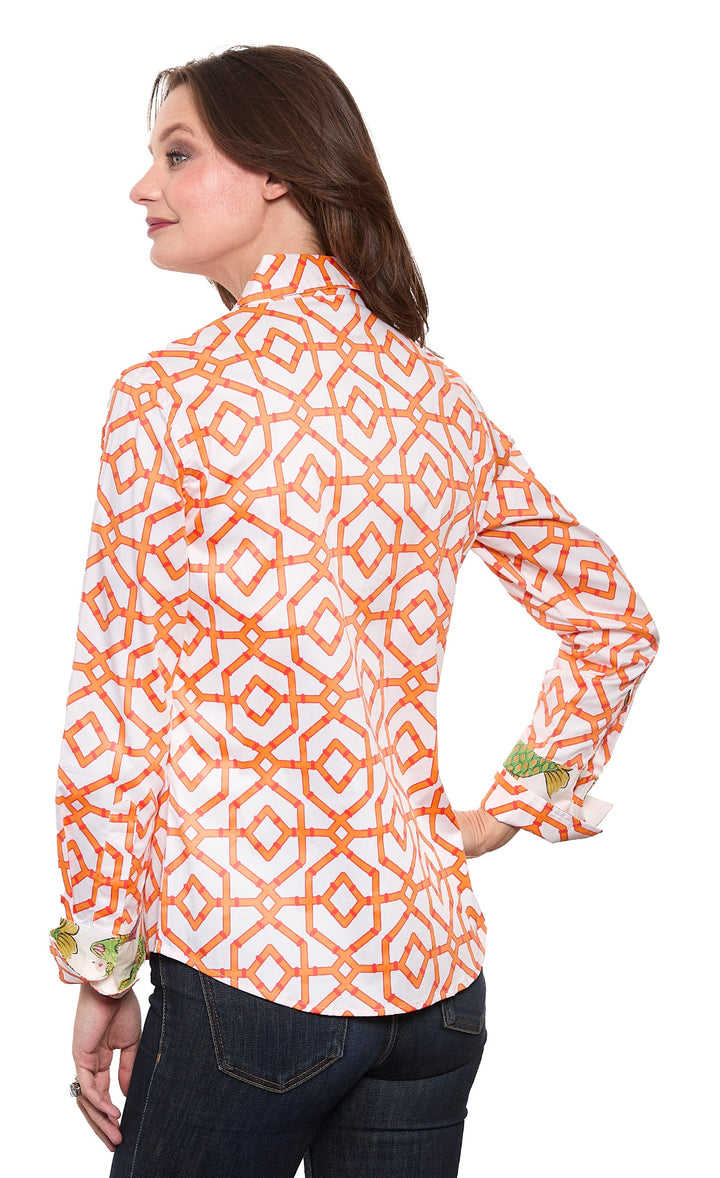 Dizzy-Lizzie Rome Long Sleeve Shirt in Orange White Geo available at Barbara Katz