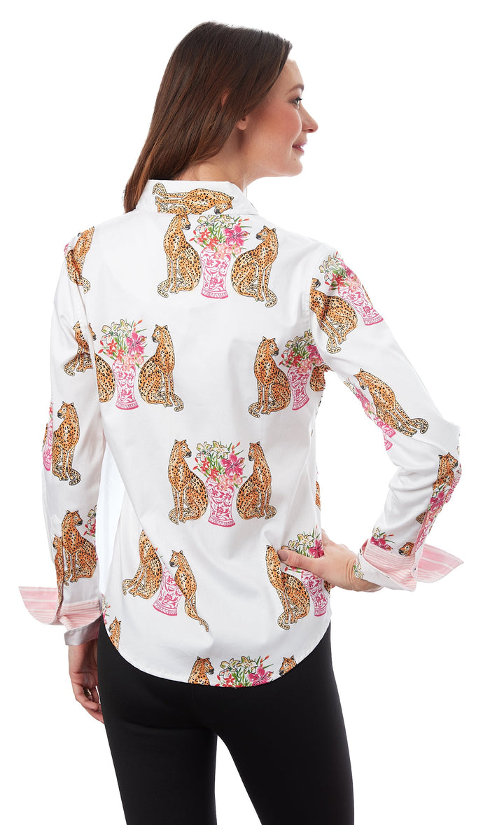 Dizzy-Lizzie Rome Long Sleeve Shirt - Cheetahs And Chinoiserie Print available at Barbara Katz