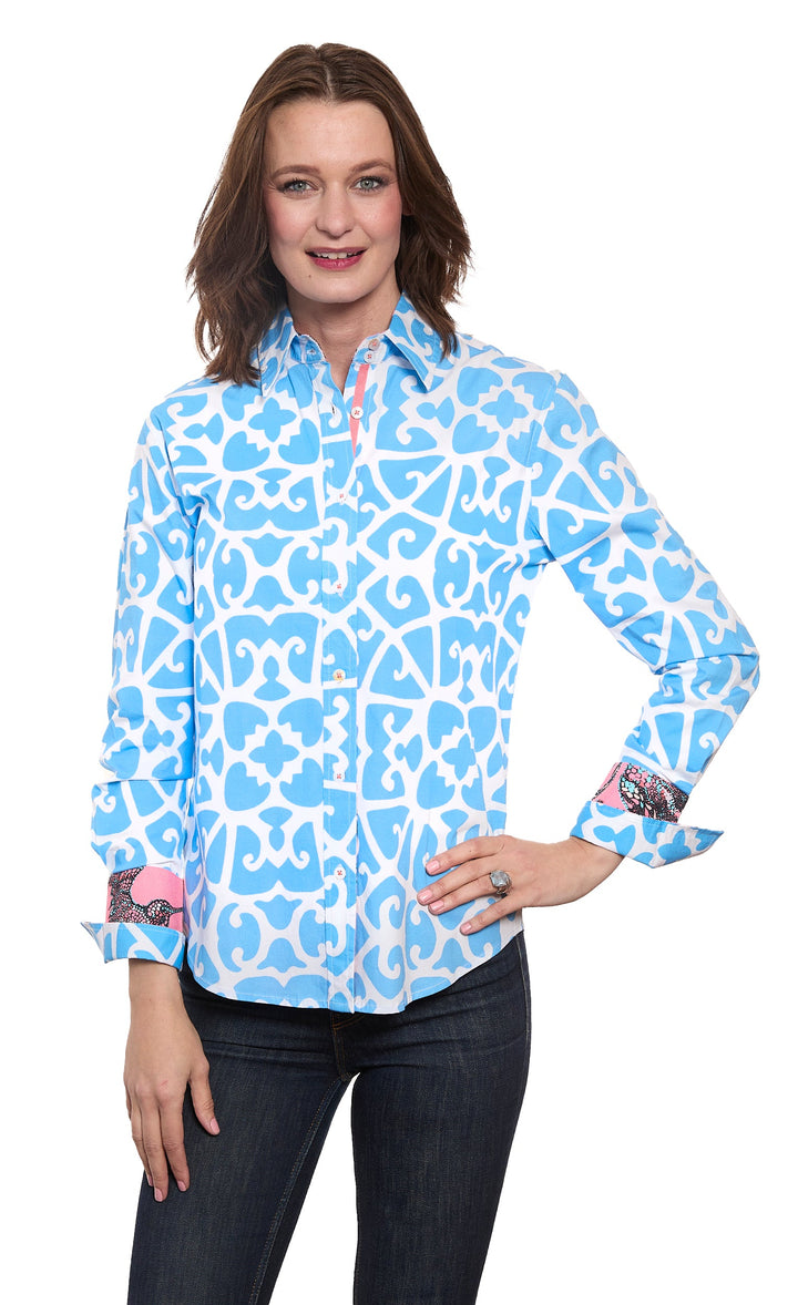 Dizzy-Lizzie Rome Long Sleeve Shirt - Blue Geometric Print available at Barbara Katz