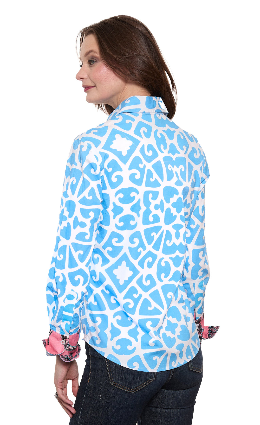 Dizzy-Lizzie Rome Long Sleeve Shirt - Blue Geometric Print available at Barbara Katz