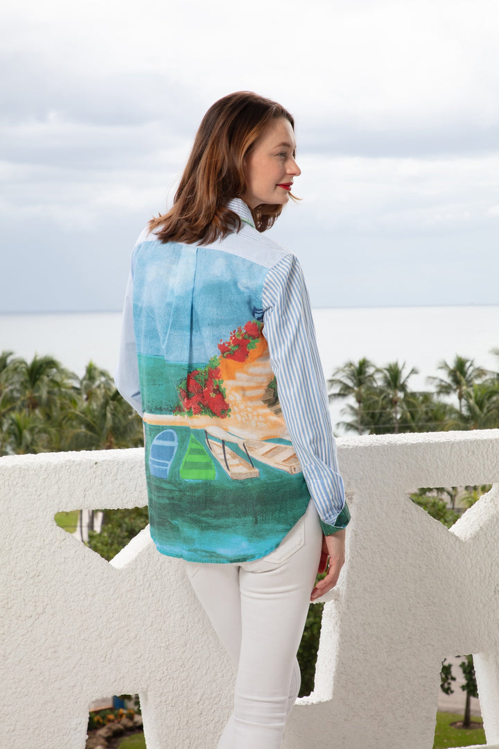 Dizzy-Lizzie Chesapeake Top - Blue White Stripes With Positano Scene available at Barbara Katz