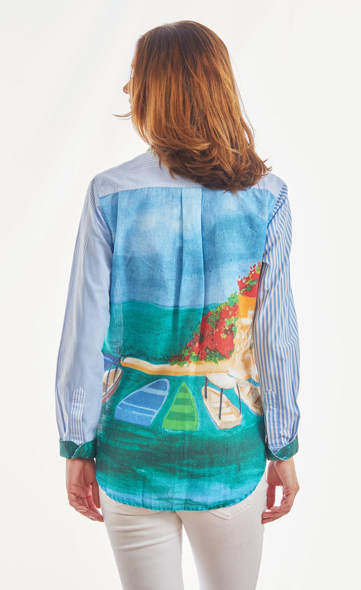Dizzy-Lizzie Chesapeake Top - Blue White Stripes With Positano Scene available at Barbara Katz