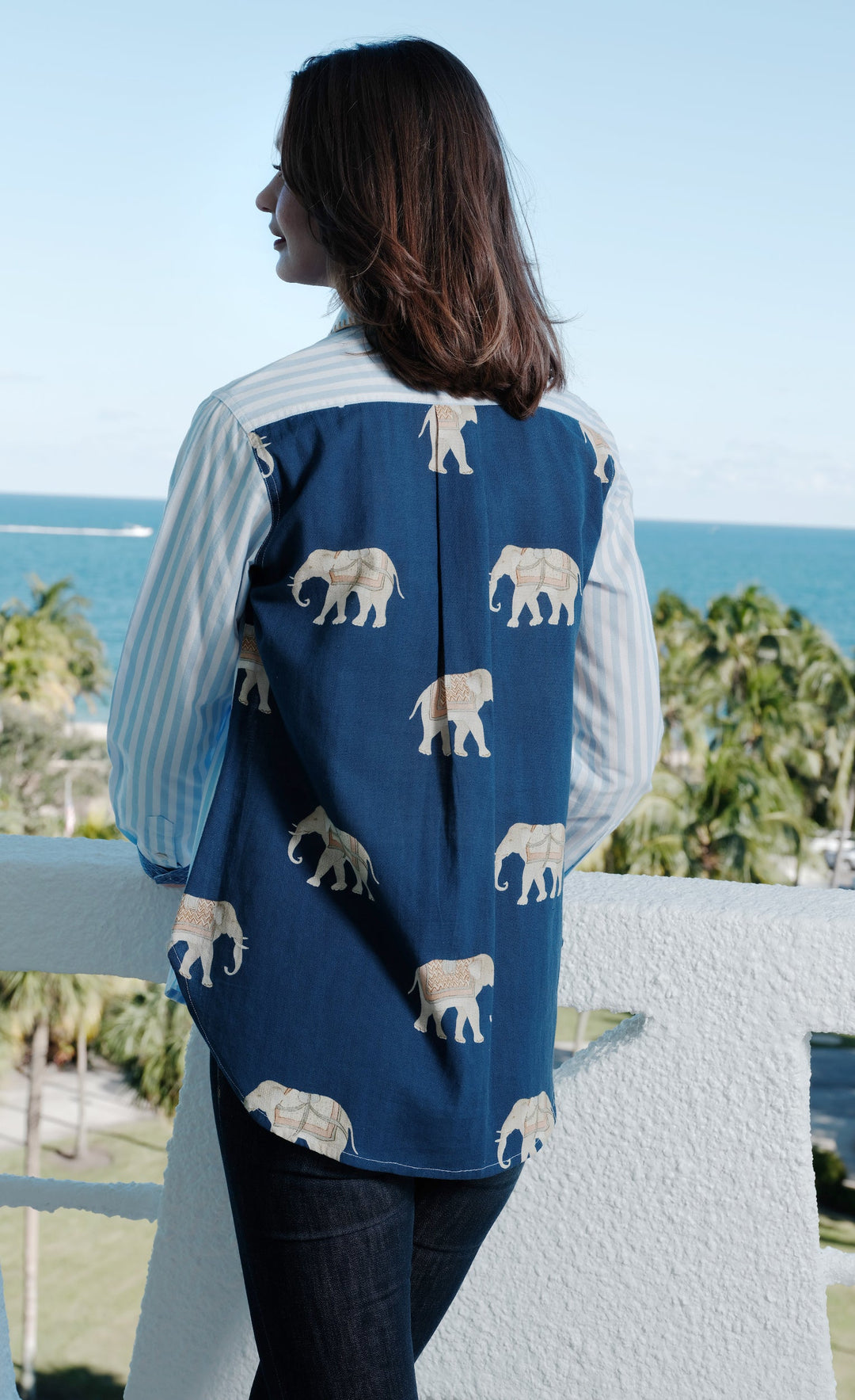 Dizzy-Lizzie Chesapeake Hi Lo Top with Navy Ground Ellies on The Back available at Barbara Katz