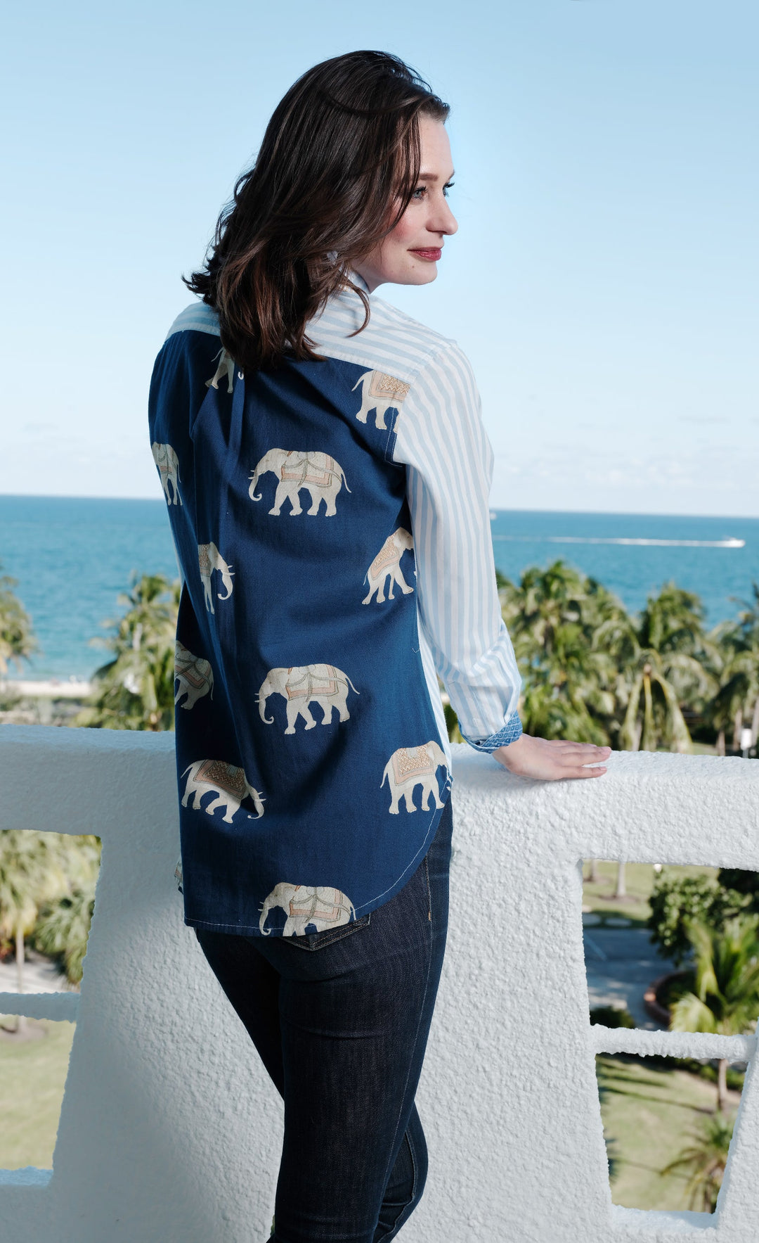 Dizzy-Lizzie Chesapeake Hi Lo Top with Navy Ground Ellies on The Back available at Barbara Katz