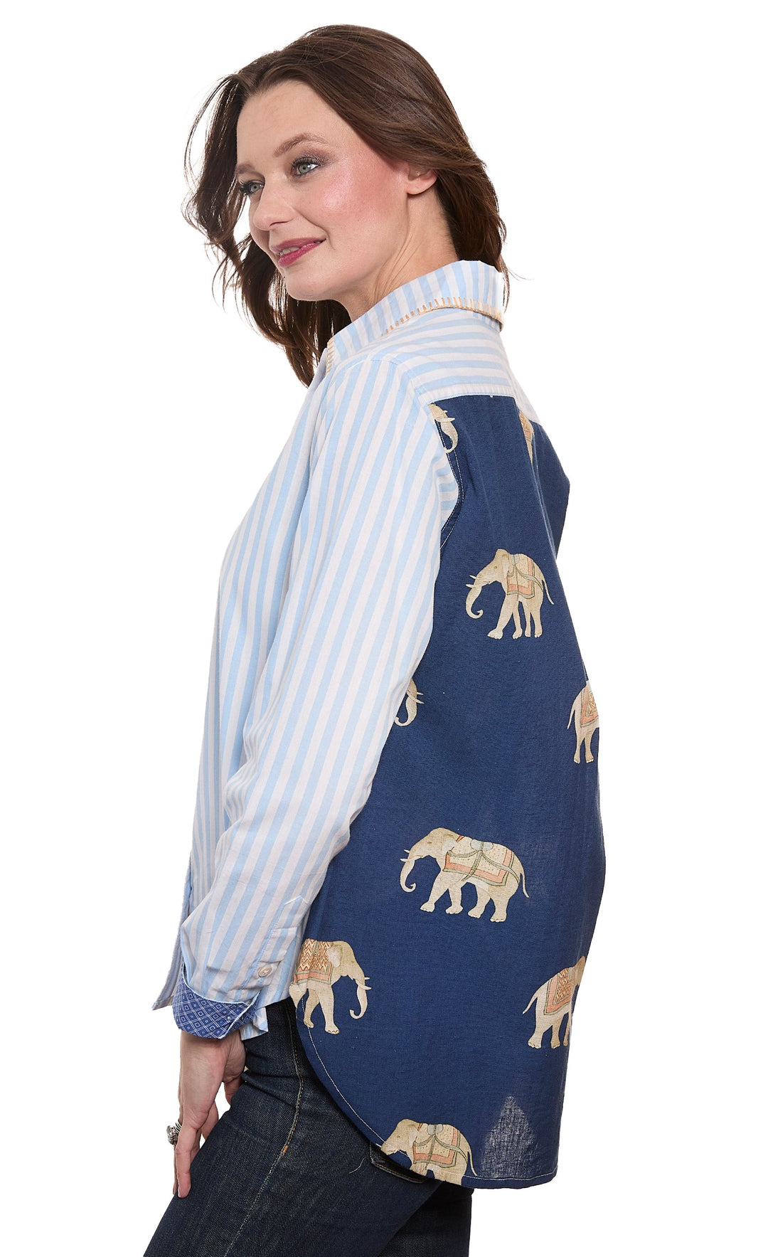 Dizzy-Lizzie Chesapeake Hi Lo Top with Navy Ground Ellies on The Back available at Barbara Katz