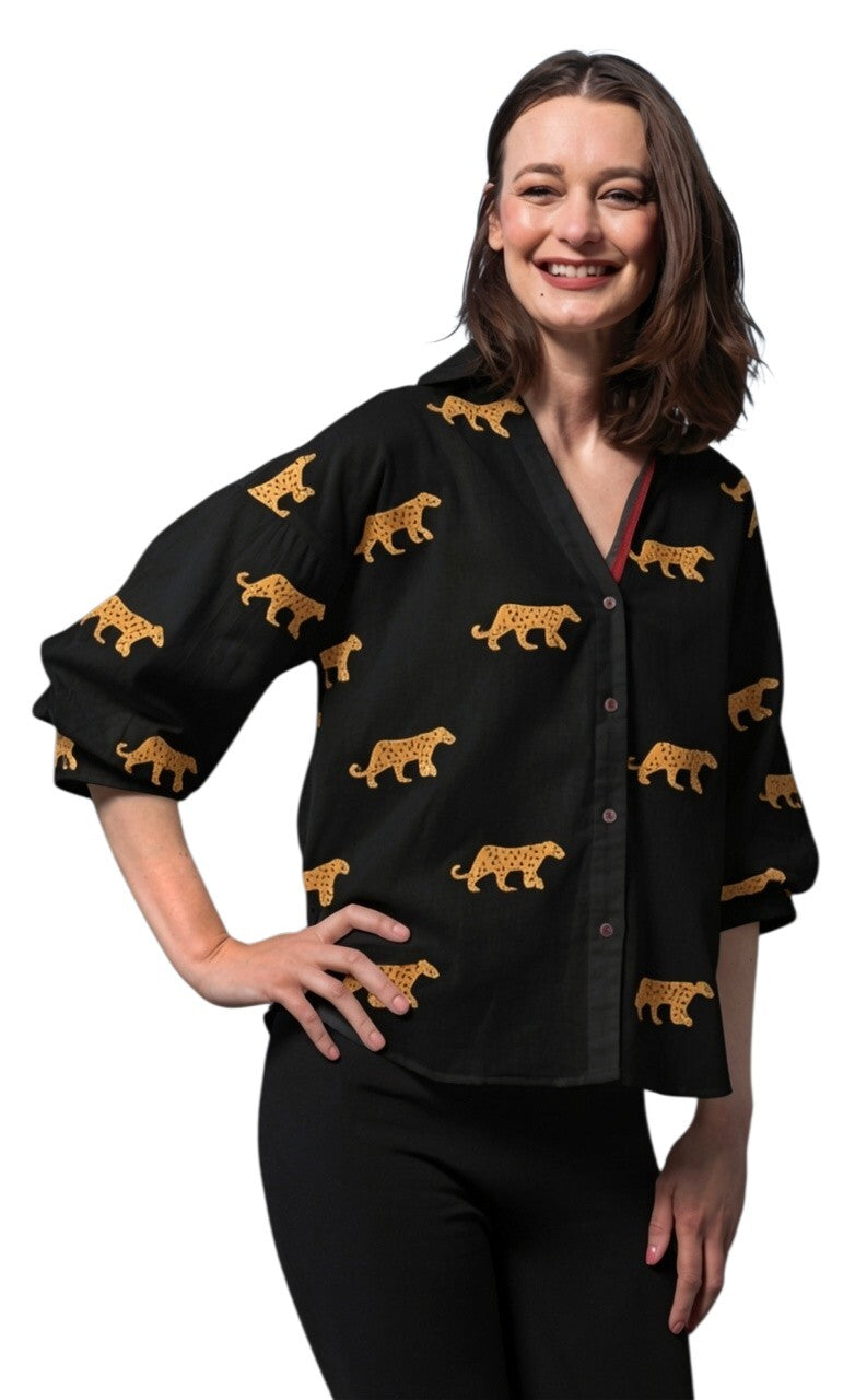 Dizzy-Lizzie Milano Top - Black with Embroidered Cheetahs available at Barbara Katz