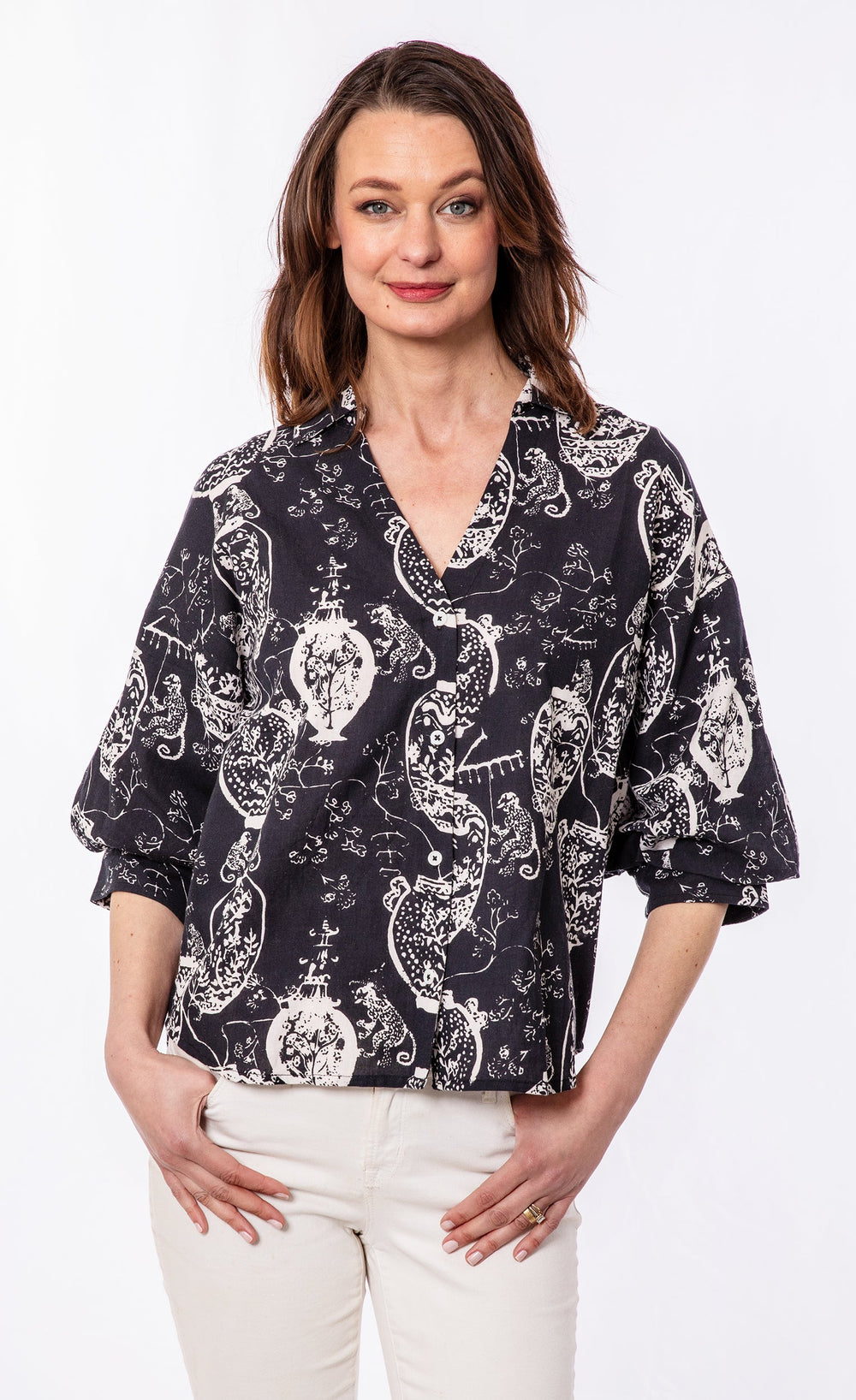 Dizzy-Lizzie Oversized Puff Sleeve Top - Black White available at Barbara Katz