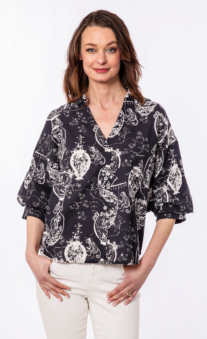Dizzy-Lizzie Oversized Puff Sleeve Top - Black White available at Barbara Katz
