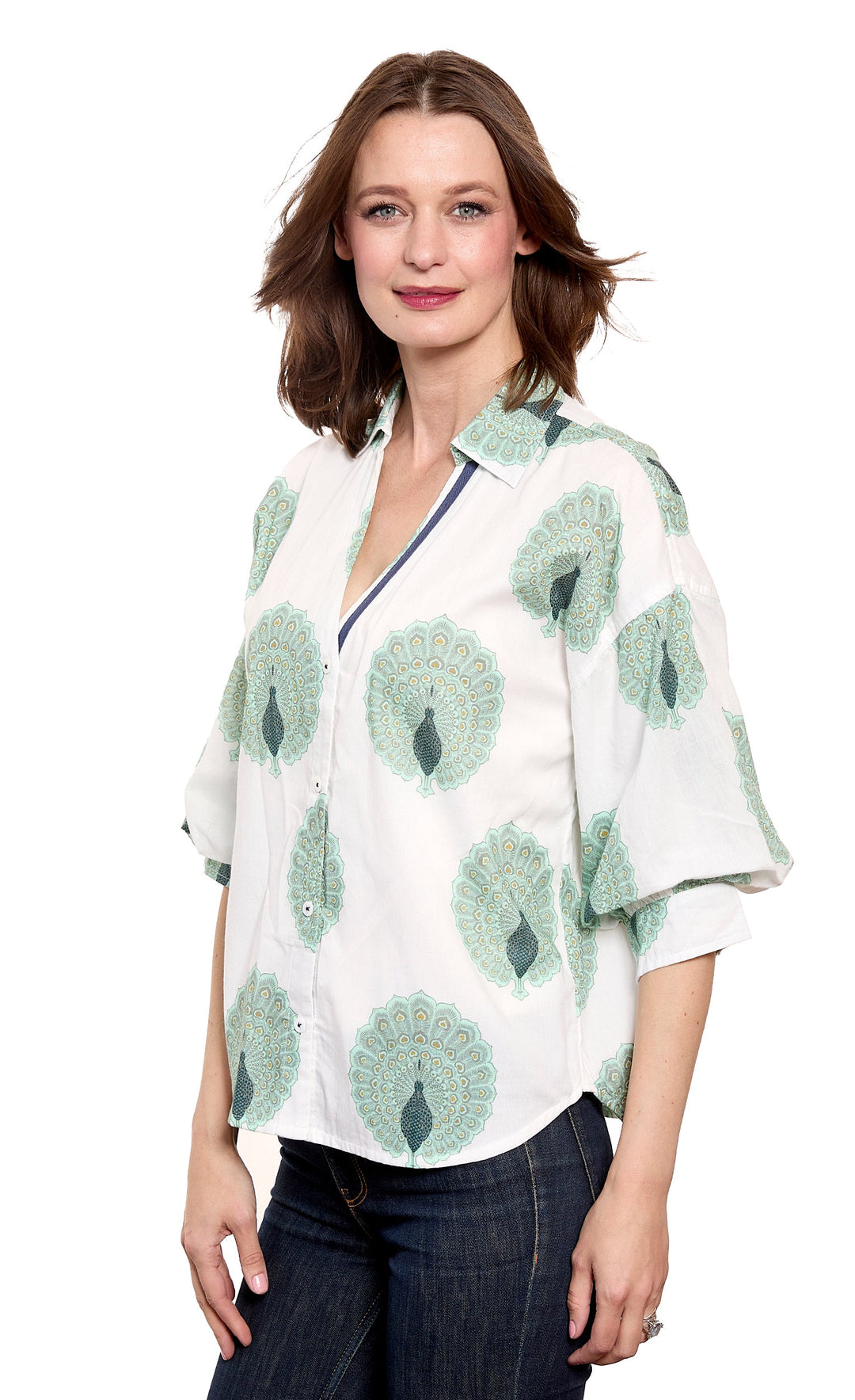 Dizzy-Lizzie Milano Puff Sleeve Top in Ivory & Soft Green Peacock Print available at Barbara Katz