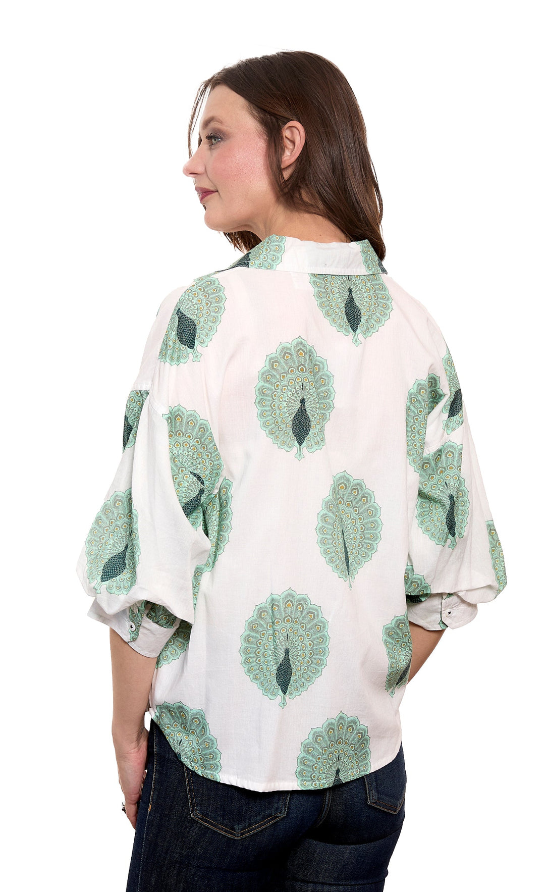 Dizzy-Lizzie Milano Puff Sleeve Top in Ivory & Soft Green Peacock Print available at Barbara Katz