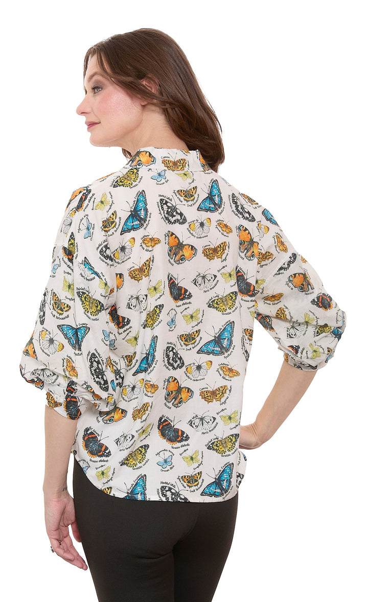 Dizzy-Lizzie Milano Puff Sleeve Top in Ivory Ground Butterfly Print available at Barbara Katz