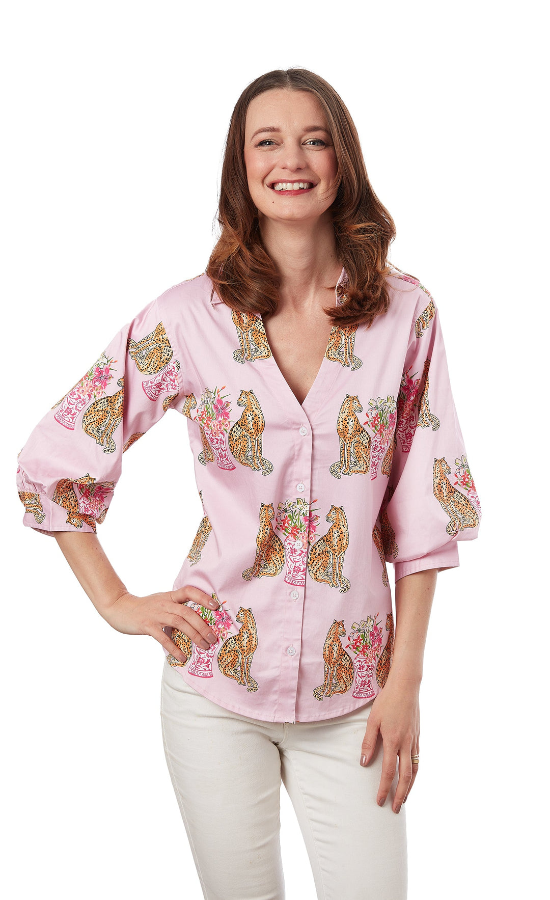 Dizzy-Lizzie Milano Puff Sleeve Top - Pink With Cheetahs available at Barbara Katz