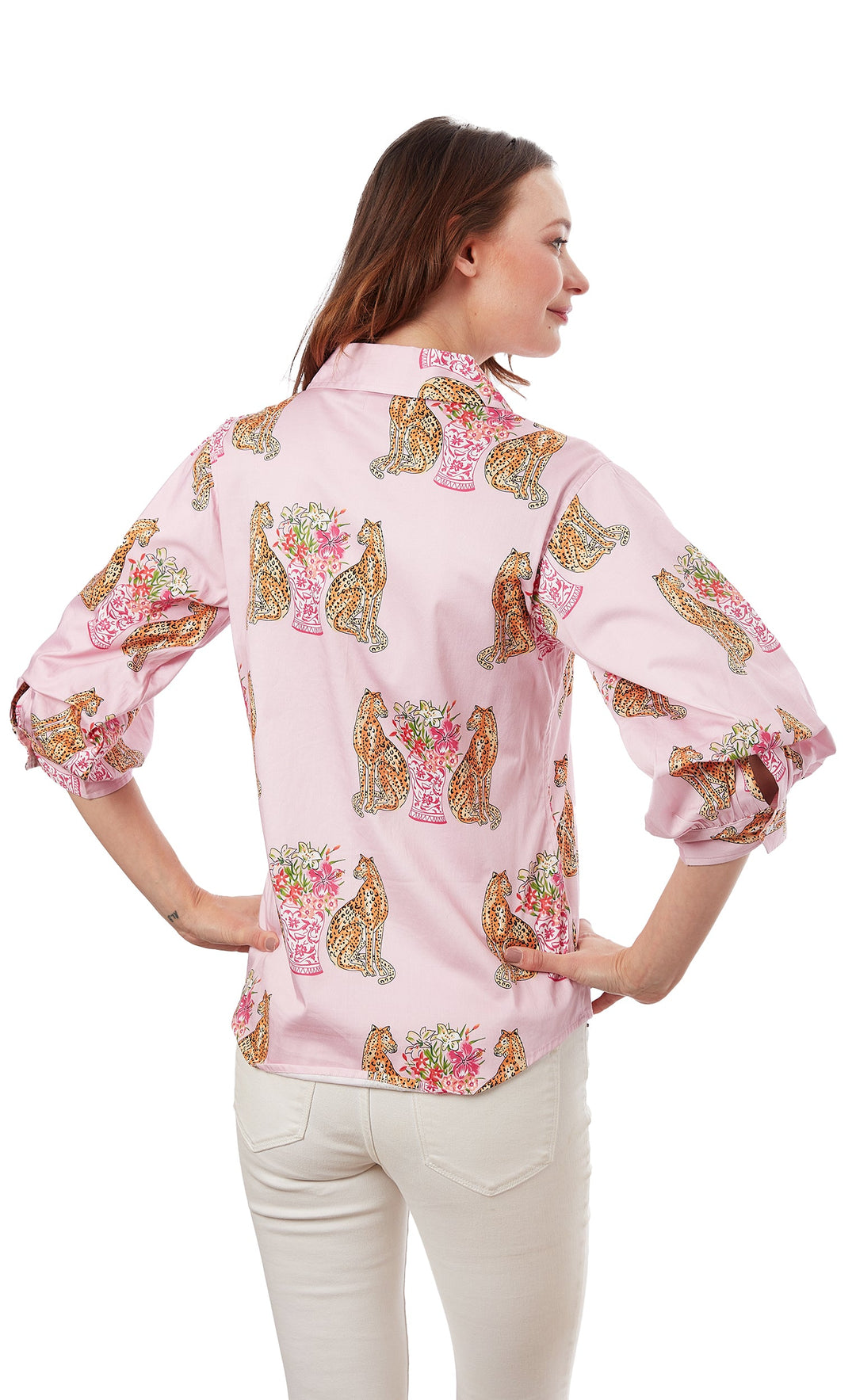 Dizzy-Lizzie Milano Puff Sleeve Top - Pink With Cheetahs available at Barbara Katz